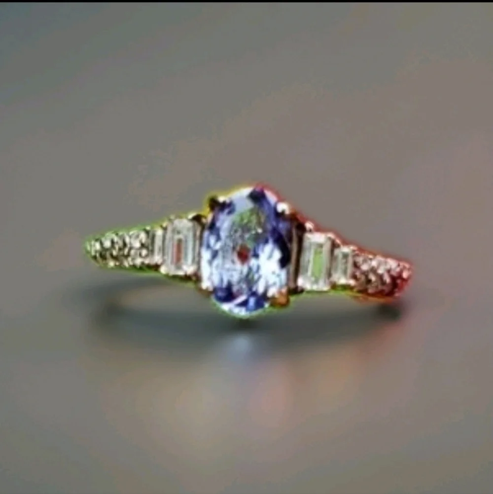 Genuine Tanzanite & Zircon Solitaire ring in Platinum Plated Sterling Silver
